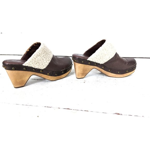 Brown leather Lucky Brand slip on mule clog faux sheepskin sandals - Picture 6 of 9